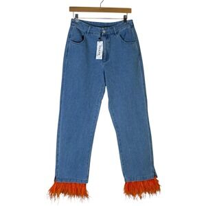 Strut & Bolt Orange Feather Trim Straight Leg Jeans Blue Denim P-3286-JK New M